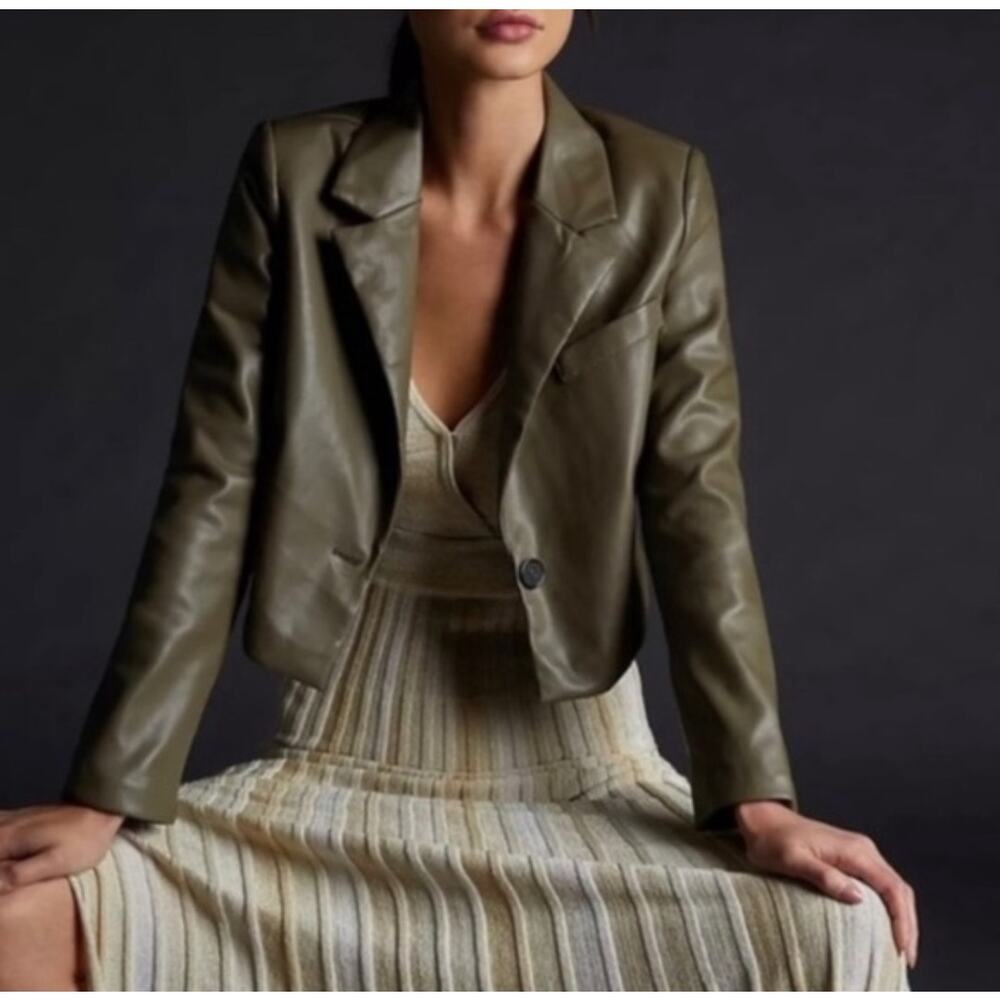 Anthropologie Avec Les Filles Cropped Vegan Faux Leather Jacket Moss Size L NWT